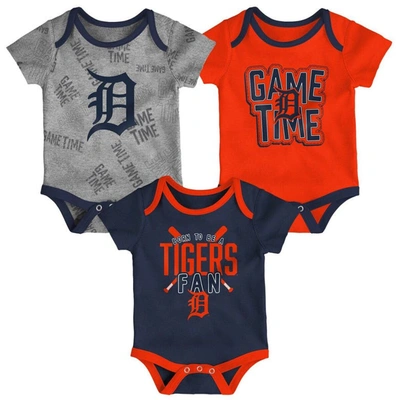 Outerstuff Babies' Newborn And Infant Boys And Girls Detroit Tigers Navy, Orange, Heathered Gray Game Time Three-piece In Navy,orange,heathered Gray
