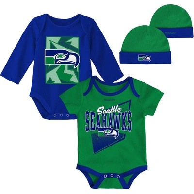 Outerstuff Babies' Newborn & Infant Green/royal Seattle Seahawks Victory Formation Throwback Three-piece Bodysuit And K