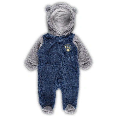 Outerstuff Babies' Newborn And Infant Boys And Girls Navy, Gray Milwaukee Brewers Game Nap Teddy Fleece Bunting Full-zi In Navy,gray
