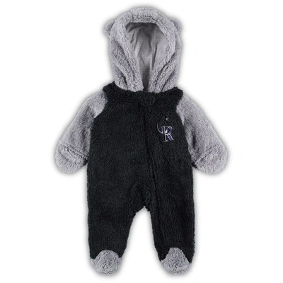 Outerstuff Babies' Newborn And Infant Boys And Girls Black, Gray Colorado Rockies Game Nap Teddy Fleece Bunting Full-zi In Black,gray