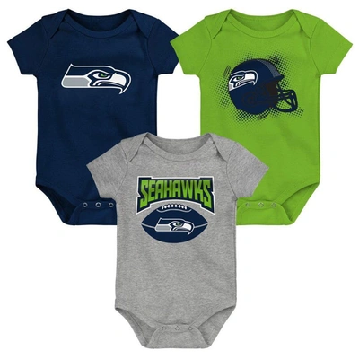 Outerstuff Babies' Infant College Navy/neon Green/heathered Gray Seattle Seahawks 3-pack Game On Bodysuit Set