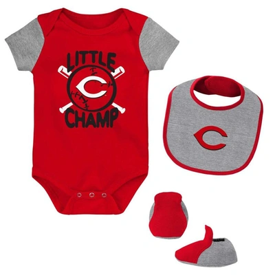 Outerstuff Babies' Newborn & Infant Red/heather Gray Cincinnati Reds Little Champ Three-pack Bodysuit Bib & Booties Set In Red,heather Gray