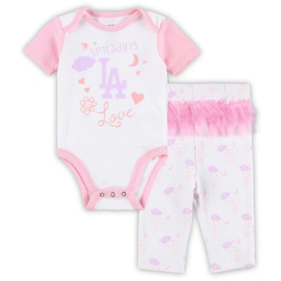 Outerstuff Babies' Newborn & Infant White/pink Los Angeles Dodgers Spreading Love Bodysuit & Tutu With Leggings Set