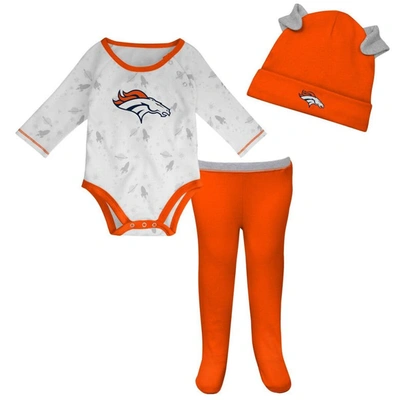 Outerstuff Babies' Newborn And Infant Boys And Girls White, Orange Denver Broncos Dream Team Onesie Pants And Hat Set In White,orange