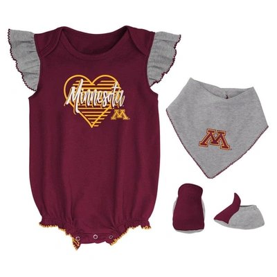 Outerstuff Babies' Girls Newborn & Infant Maroon/heather Gray Minnesota Golden Gophers All The Love Bodysuit Bib & Boot