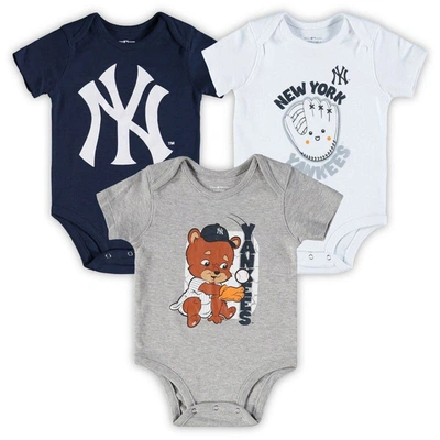 Outerstuff Babies' Newborn And Infant Boys And Girls Navy, White, Heathered Gray New York Yankees 3-pack Change Up Body In Navy,white,heathered Gray