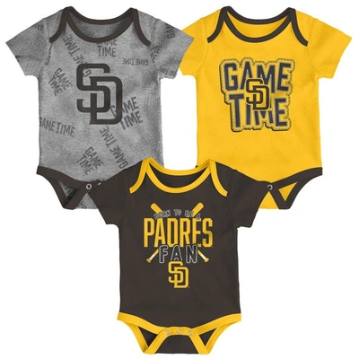 Outerstuff Babies' Newborn And Infant Boys And Girls San Diego Padres Brown, Gold, Heathered Gray Game Time Three-piece In Brown,gold,heathered Gray