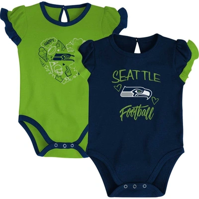 Outerstuff Babies' Newborn And Infant Boys And Girls College Navy, Neon Green Seattle Seahawks Too Much Love Two-piece In Navy,neon Green