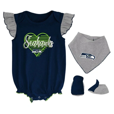 Outerstuff Babies' Girls Newborn & Infant College Navy/heathered Gray Seattle Seahawks All The Love Bodysuit Bib & Boot In Navy,heathered Gray