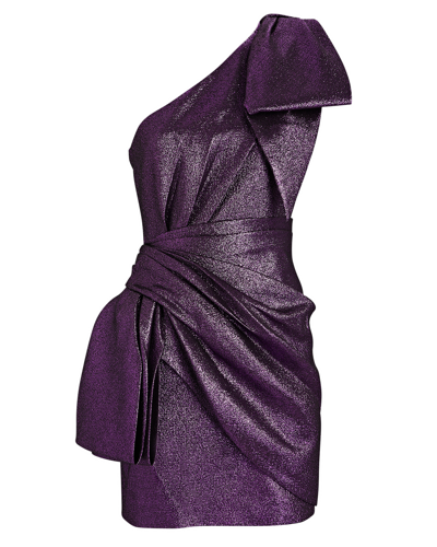 Ronny Kobo Brit One-shoulder Bow-embellished Lamé Mini Dress In Purple-drk