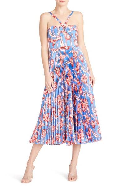 ml Monique Lhuillier Halter Neck Pleated Satin Cocktail Dress In Parrot Tulip