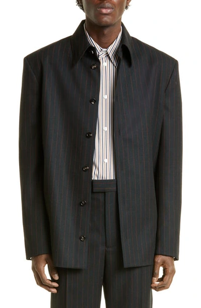 Bottega Veneta Pinstripe Wool Shirt Jacket In Dark Green,red