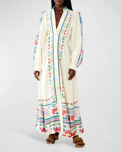 Farm Rio Graphic Embroidered Kaftan Maxi Dress In Off-white