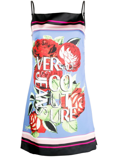Versace Jeans Couture Rose Print Mini Shift Dress In Blue