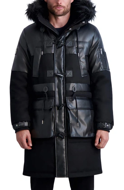 Karl Lagerfeld Fabric Blocked Faux Fur Trim Down & Feather Wool Blend Coat In Black