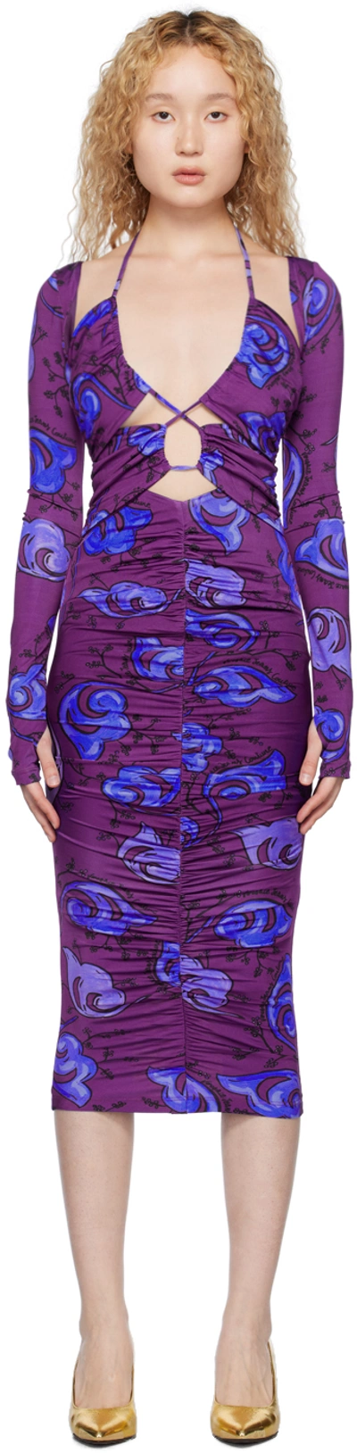 Versace Jeans Couture Twig Print Halter Midi Dress In Purple