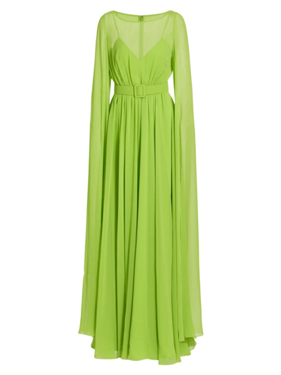 Badgley Mischka Belted Cape-sleeve Georgette Gown In Lime