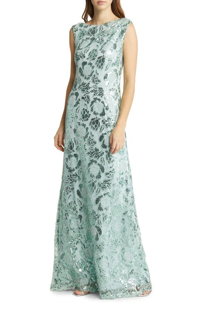 Tadashi Shoji Draped Sequin Lace Gown In Frosted Jade