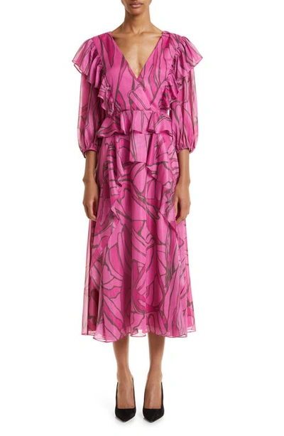 Ted Baker Victoir Tie Back Printed Ruffle Dress In Bright Pink