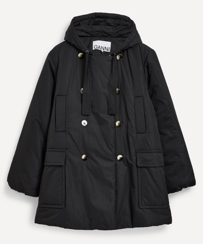 Ganni Shiny Puff Hood Midi Jacket In Black