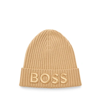 Hugo Boss Virgin Wool Ribbed Beanie In Beige