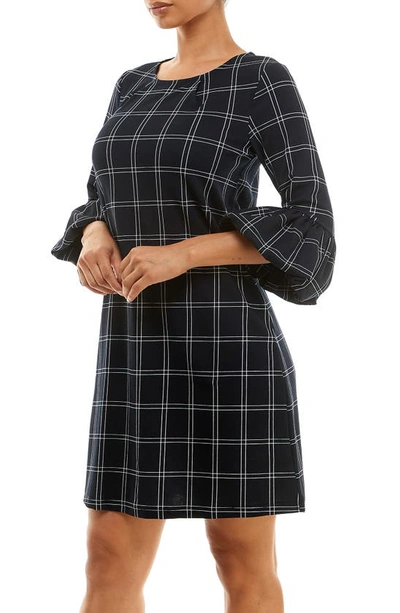 Nina Leonard Windowpane Ruffle Sleeve Shift Dress In Navy/ Ivory