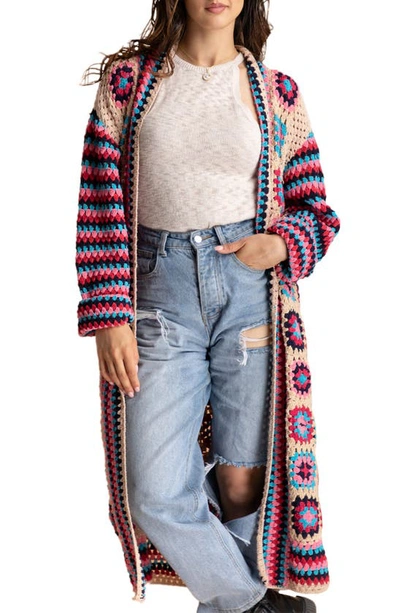 Saachi Crochet Knit Longline Cardigan In Pink