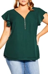 City Chic Trendy Plus Size Zip Fling Shorts Flutter Sleeve Top In Jade