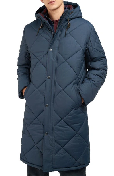 Barbour Melbury Long Line Quilted Hooded Parka In Navy/ Cordovan