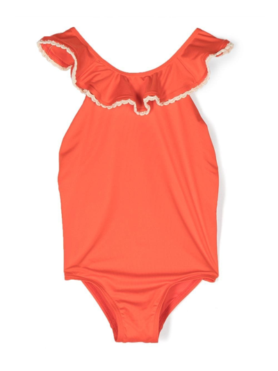 Zimmermann Kids' Tiggy 荷叶边连体泳衣 In Orange