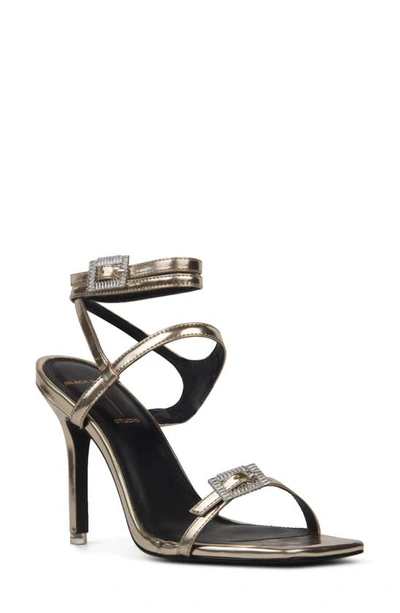 Black Suede Studio Venice Crystal-embellished Buckle Stiletto Sandals In Gold Mir. Leather