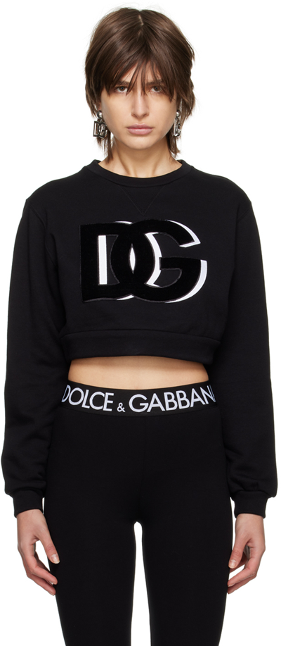 Dolce & Gabbana Cotton Jersey Cropped Sweatshirt With Dg Logo Flock Patch In Black