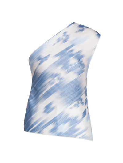 Giorgio Armani Abstract-print One-shoulder Plisse Blouse In Light Blue