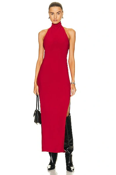 Norma Kamali Halter Turtleneck Side Slit Gown In Rosso