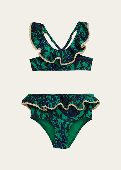 Zimmermann Kids' Little Girl's & Girl's 2-piece Tiggy Scoopneck Ruffled Bikini In Navy Green Paisley