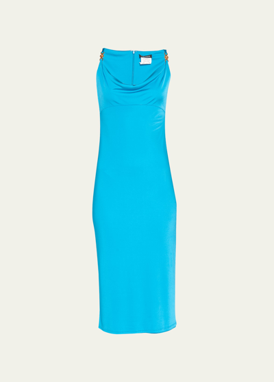 Versace Embellished Draped Metallic Jersey Dress In Blue