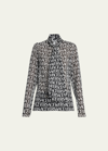 Versace Logo Print Semisheer Tie Neck Silk Blouse In Black White