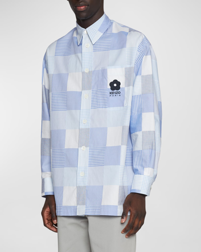 Kenzo Men's Logo-embroidered Patchwork Oversized Sport Shirt In Blue
