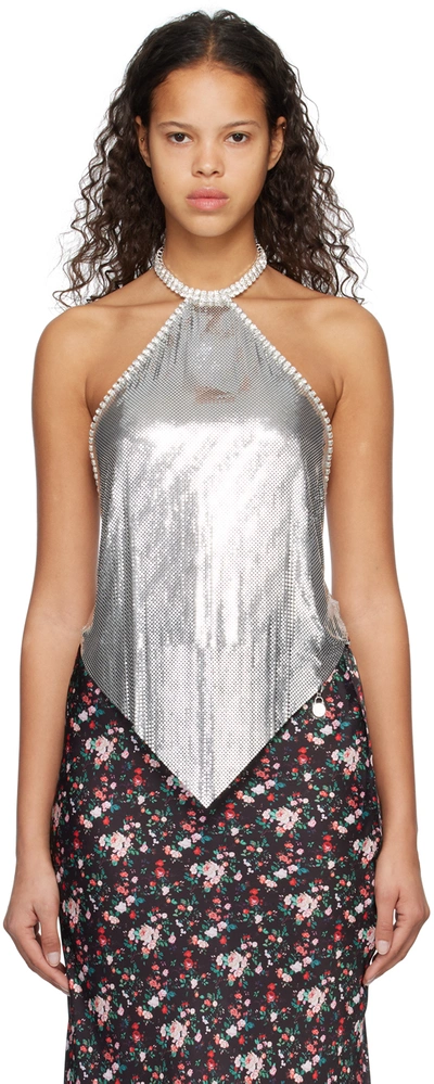 Rabanne Mini Mesh Embellished Halter Neck Top In Silver