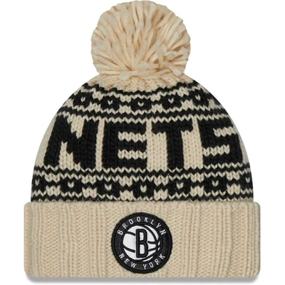 New Era Cream Brooklyn Nets Sport Cuffed Knit Hat With Pom
