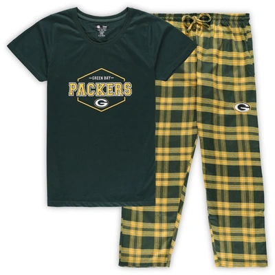 Concepts Sport Women's  Green, Gold Green Bay Packers Plus Size Badge T-shirt And Pants Sleep Set In Green,gold