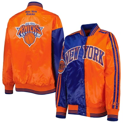 Starter Women's  Blue, Orange New York Knicks Split Colorblock Satin Full-snap Varsity Jacket In Blue,orange