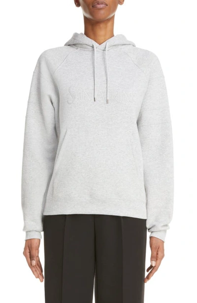 Saint Laurent Embroidered Logo Cotton Blend Hoodie In Grey