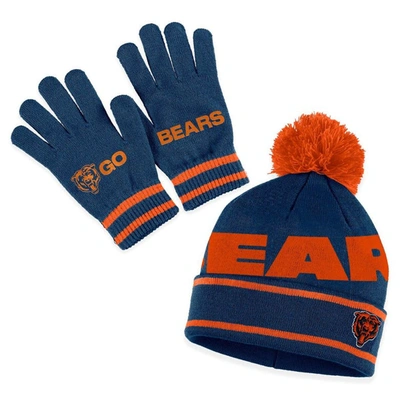 Wear By Erin Andrews Navy Chicago Bears Double Jacquard Cuffed Knit Hat With Pom And Gloves Set