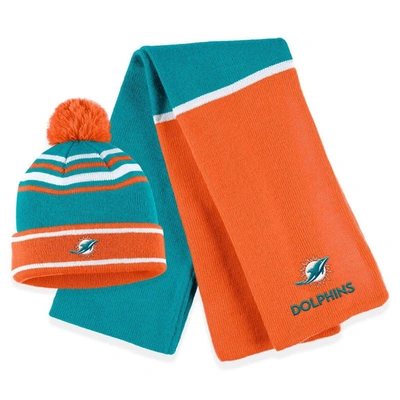 Wear By Erin Andrews Aqua Miami Dolphins Colorblock Cuffed Knit Hat With Pom And Scarf Set