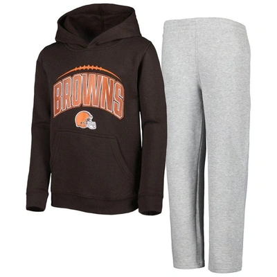 Outerstuff Kids' Youth Brown/heather Grey Cleveland Browns Double Up Pullover Hoodie & Trousers Set