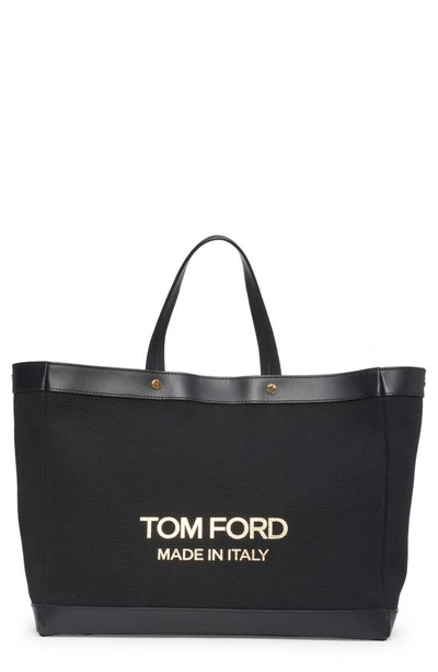 Tom Ford Medium Textured Canvas & Leather Tote In Black