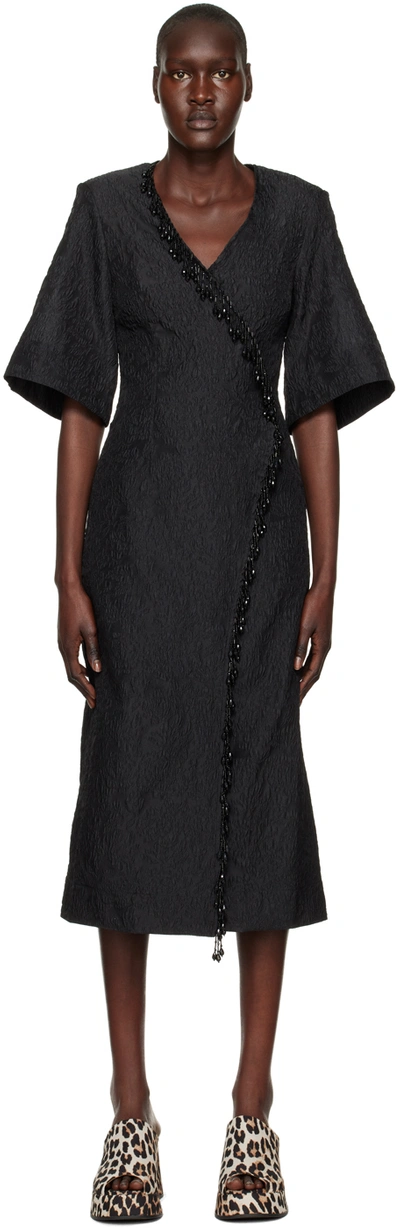 Ganni + Net Sustain Bead-embellished Recycled Cloqué Midi Wrap Dress In Black
