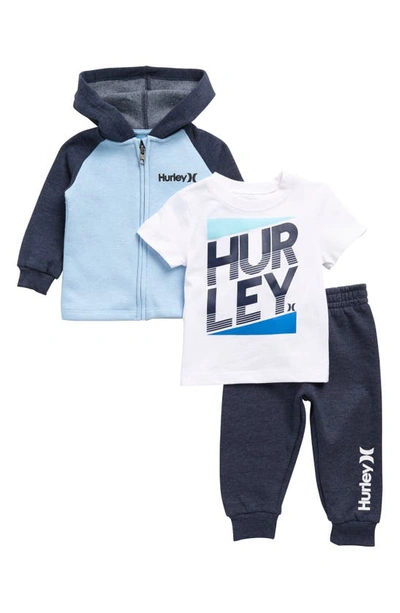 Hurley Babies' Graphic T-shirt, Zip Hoodie & Joggers Set In Chambray Blue Heather