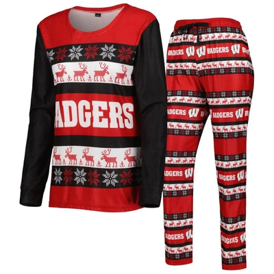 Foco Women's  Red Wisconsin Badgers Ugly Long Sleeve T-shirt And Pyjama Trousers Sleep Set